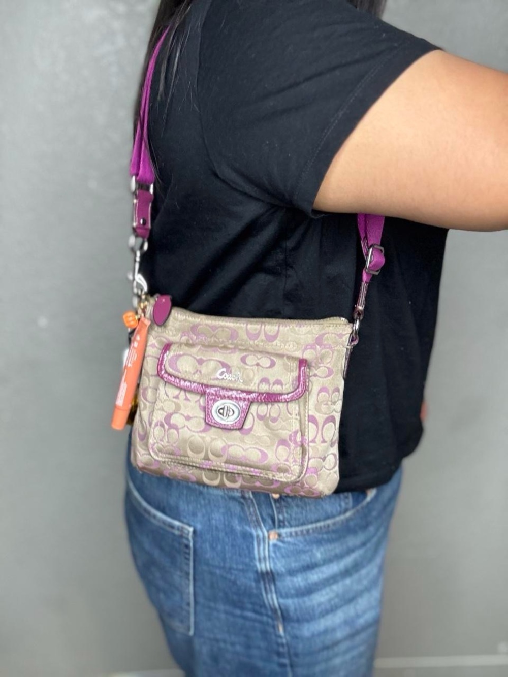 Coach Beige Signature Crossbody with Purple Trim